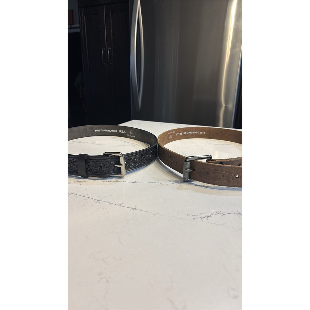 2- Full Grain Leather Embossed Leather Western Belt Black/ Brown Mens USA Made